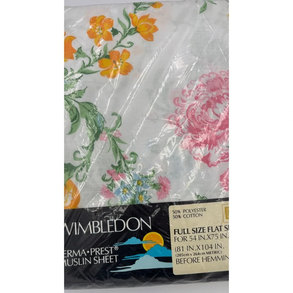 Sears Wimbledon Flat Sheet Full Size White Floral Perma-Prest Vintage Bedding